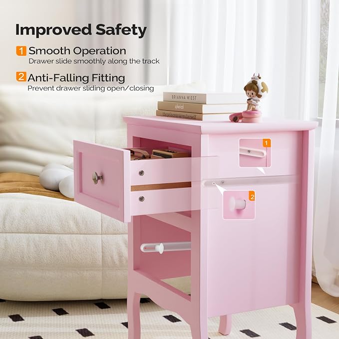 Bonnlo Nightstand with 2 Drawers, Night Stands for Bedrooms, Small Bed Side Table/White Night Stand with Drawers for Small Spaces, College Dorm, Kids’ Room, Living Room, French, 16W x 12D x 24H, Pink