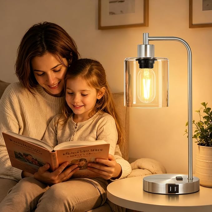 Industrial Touch Control Table Lamps Set of 2 - Brushed Nickel Nightstand Bedside Lamps with 2 USB Ports & AC Outlet, 3-Way Dimmable Desk Lamp for Bedroom Living Room, Glass Shade & LED Bulbs Included