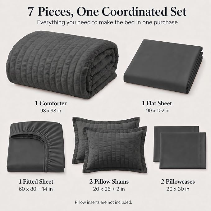 Oversized Queen Seersucker Comforter Set, Dark Grey, 98 x 98 in | OEKO-TEX Certified, 7 Pieces Bed in a Bag with 240 GSM Down Alternative Comforter, Flat & Fitted Sheets, Pillowcases & Shams