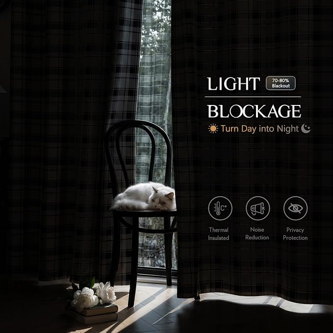 Beauoop Black White Plaid Jacquard Blackout Curtains Bedroom 52x63 2 Panels | Gingham Checkered Buffalo Room Darkening Drapes for Living Room 63 Inch Long Thermal Soundproof Window treatment Grommet