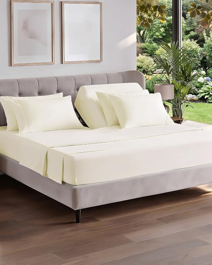 Flex Top Split Head King 6 Piece Sheet Set - Soft & Cooling - Off White | Ultra Soft Hotel Luxury Bedding Set w/ 8-16 Inch Deep Pockets, 1 Flat & 1 Split-Head Fitted Sheet & 4 Pillowcases, Fade Free