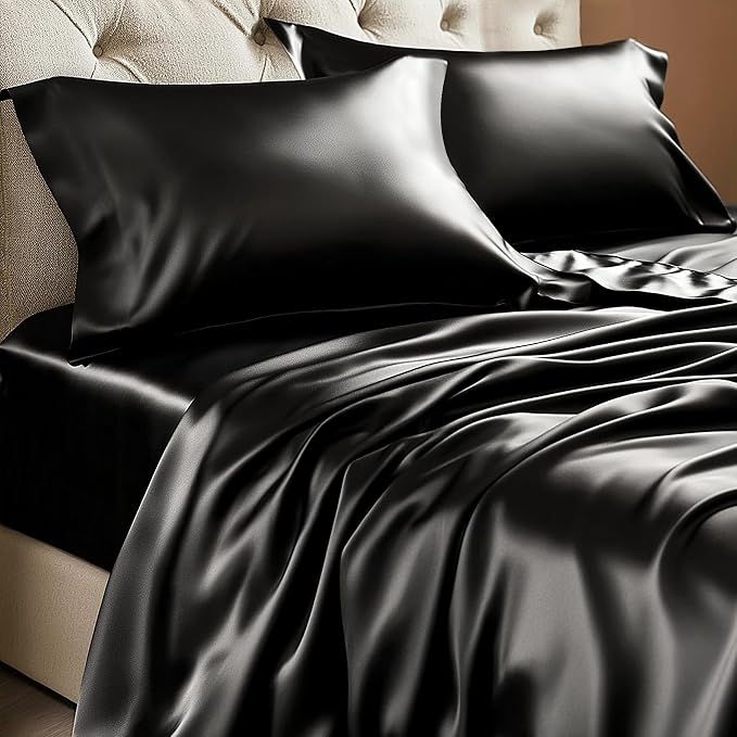 BEDELITE Satin Sheets King Size Bed Set, Black, 4 Pieces | Luxury Silky Bed Sheets, 15 Inch Deep Pocket, Similar to Silk, Soft and Cooling, Reduces Friction, Gentle on Hair and Skin