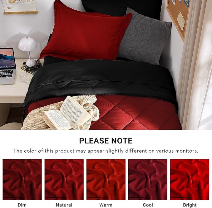 5 Pieces Twin XL Comforter Set, Reversible Bed in a Bag Twin XL Size, All Season Bedding Set with Comforter, Flat Sheet, Fitted Sheet, Pillowcases & Shams, Red & Black