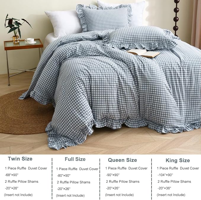 Silnuo Light Blue/White Gingham Plaid Ruffle Duvet Cover Set Twin Size | 100% Washed Cotton 3 Pcs Vintage Checkered Chic Farmhouse Bedding Set Comforter Cover Set(Twin,Light Blue/White)