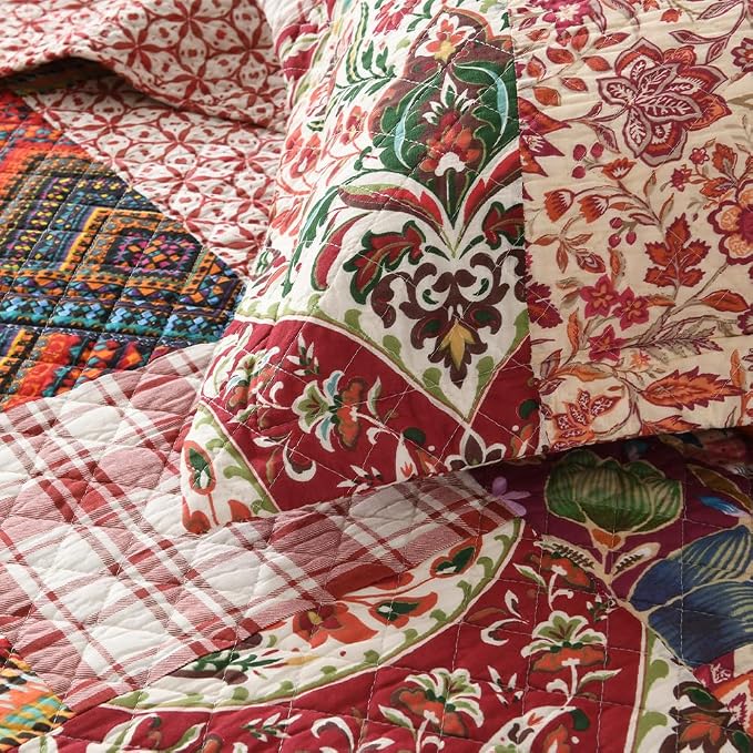 VISIMISI Cotton Bedspread Quilt Sets Reversible Bedding Coverlet Sets 3 Pieces Gorgeous Vintage Damask Red Patchwork Bedspread, King Size