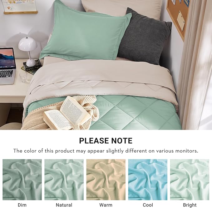 5 Pieces Twin XL Comforter Set, Reversible Bed in a Bag Twin XL Size, All Season Bedding Set with Comforter, Flat Sheet, Fitted Sheet, Pillowcases & Shams, Sage Green & Beige