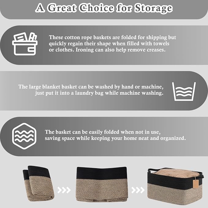 Goodpick 75L Extra Large Woven Blanket Basket, Rectangle, Black & Jute | 22" × 17" × 12" Decorative Wicker Storage Basket for Pillows, Toys & Clothes, Fits Living Room & Nursery Organization