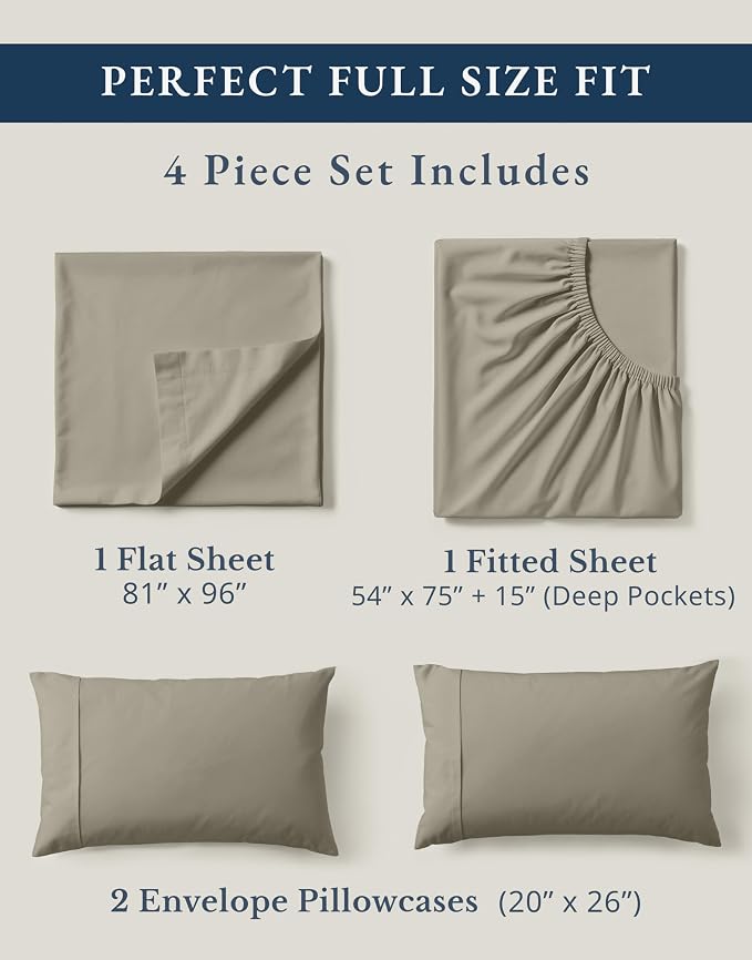LANE LINEN Full Size Sheets 100% Organic Cotton Soft 4pc Percale - Silver | 100% Organic Cotton Percale Full Sheet Set - Affordable Organic Luxury, Honest-Price Organic Quality, For Hot Sleepers