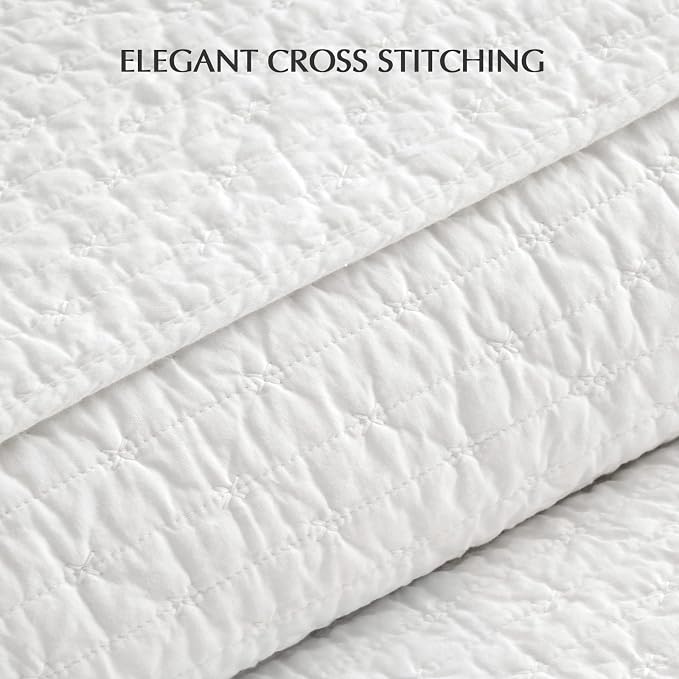 100% Cotton Cross Stitch 3-Piece Quilt Set, King, Bright White | 100% Cotton, Elegant Cross Stitch, Soft & Breathable, Prewashed Softness, Oversized Design, OEKO-TEX® Certified