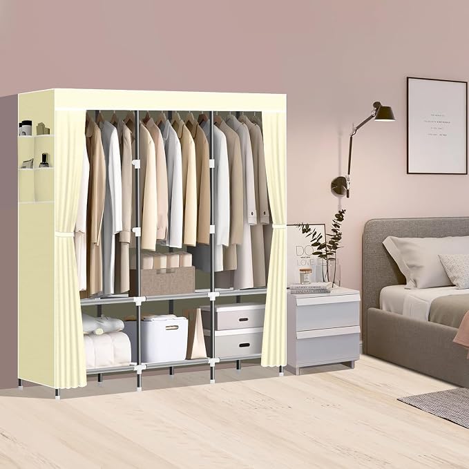 LOKEME Wardrobe Closet,Steel Pipe Diameter 19mm,Portable Closet for Bedroom | Strong and Sturdy Portable Closets for Hanging Clothes with 3 Hanging rods, 6 Storage Shelves and Side Pockets