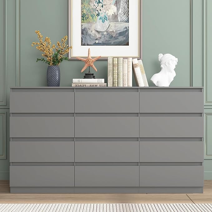 Vibe & Dine 12 Drawer Dresser, 59.1" Large Dresser for Bedroom Free Handle, Modern Wooden Chest of Drawers with Wide Storage for Living Room, Grey