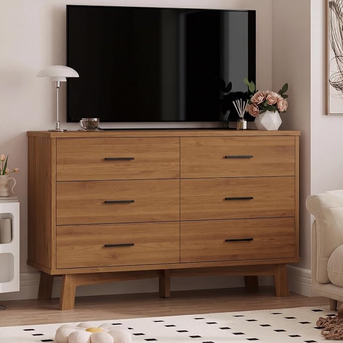 Dresser for Bedroom with 6 Drawer, Modern Chest of Drawers with X-Shaped Sturdy Base, Wide Wood Double Dresser Closet Clothes Storage Organizer, Wooden TV Stand for Living Room, Hallway, Walnut