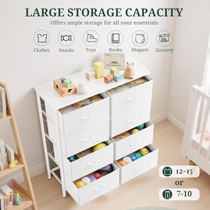8-Drawer Dresser for Bedroom, Anti-Tip Tall Storage Organizer | Chest of Drawers with Wooden Top and Metal Frame Fabric Bins for Closet, Living Room, Hallway, Entryway, White