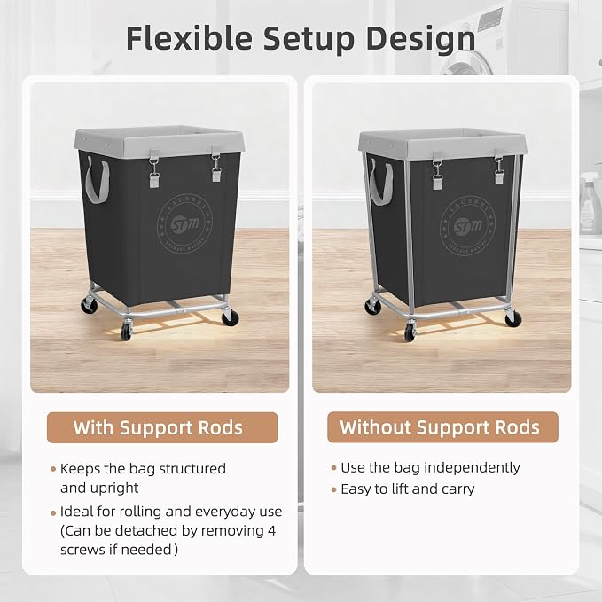 STORAGE MANIAC Commercial Laundry Hamper with Heavy Duty Steel Frame, 160 L Industrial Laundry Basket Cart with Wheels for Hotel, Home, Laundry Room, 17.72''L x 17.72''W x 30.91''H, Medium Black