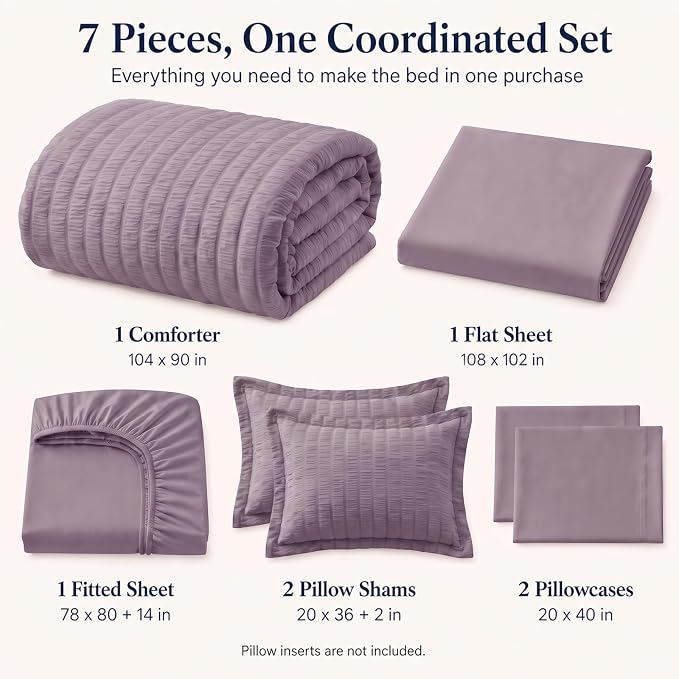 King Comforter Set, 7 Pieces Dusty Purple Seersucker Bed in a Bag | OEKO-TEX Certified, All Season Bedding Set with 240 GSM Down Alternative Comforter, Flat & Fitted Sheets, Pillowcases & Shams