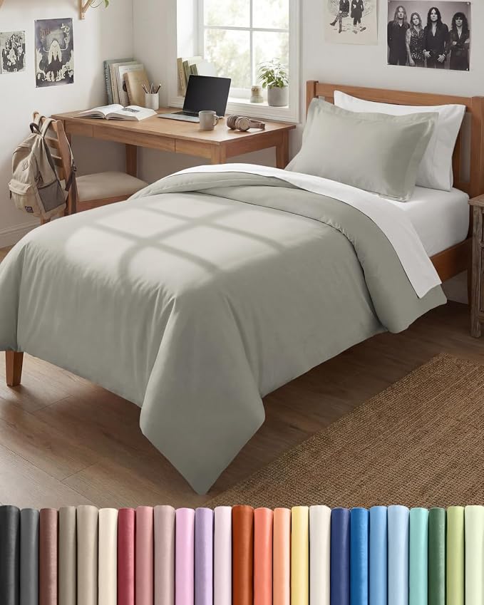 Duvet Cover Twin/Twin XL - 2 Piece with Zipper Closure - Light Grey | Extra Soft, Breathable, Twin/Twin XL Duvet Cover 68" x 90" w/ 1 Pillow Sham, Zipper Closures & Ties, Women, Men, Kids & Teens