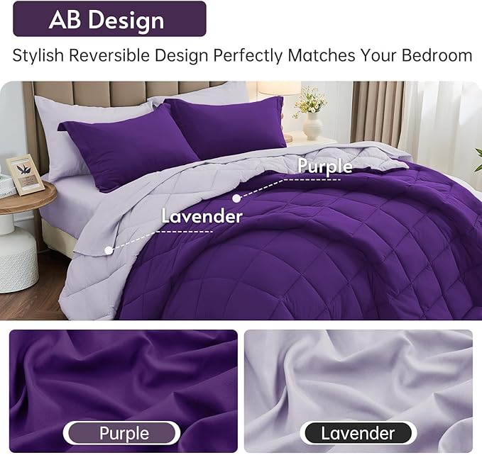 7 Pieces Full Comforter Set, Reversible Bed in a Bag Full Size, All Season Bedding Set with Comforter, Flat Sheet, Fitted Sheet, Pillowcases & Shams, Purple & Lavender