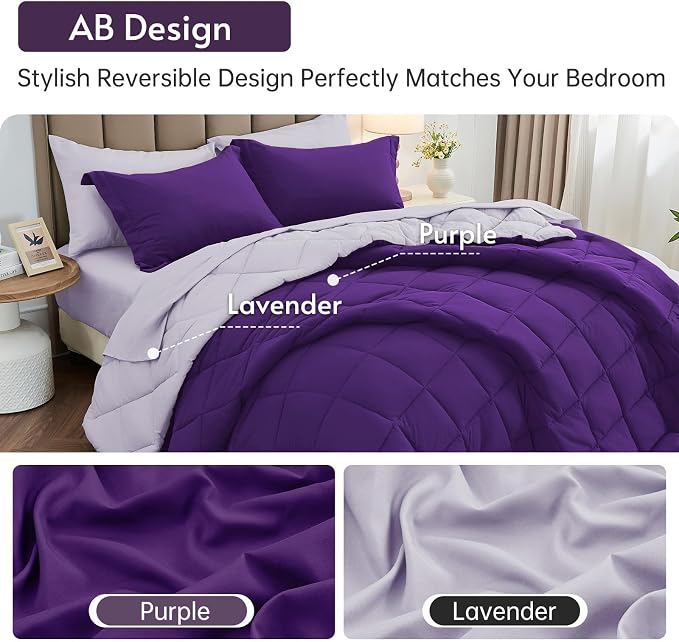7 Pieces California King Comforter Set, Reversible Bed in a Bag Cal King Size, All Season Bedding Set with Comforter, Flat Sheet, Fitted Sheet, Pillowcases & Shams, Purple & Lavender