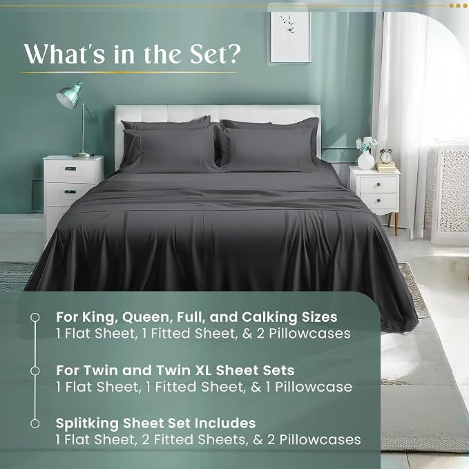 100% Cotton King Size Sheets Set, 4 Piece Sheet & Pillowcase Sets -Charcoal | 800 Thread Count, Sateen Weave, Hotel Luxury King Sheet Set, 15" Deep Pocket, Buttery Soft, Cool & Breathable Cotton Sheets