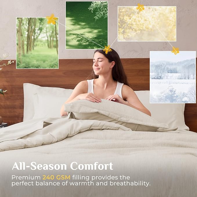 JOLLYVOGUE Beige King Comforter Set, Cationic Dyeing Bed in a Bag King 7 Pieces, Double-Tone Bedding Set with Down Alternative Comforter, Sheets, Pillowcases & Shams