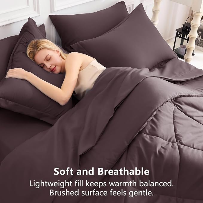 King Size Comforter Set Cocoa Powder - 7 Pieces Bed in a Bag | OEKO-TEX Certified, All Season, 240GSM Down-Alternative Comforter, Sheets, Pillowcases & Shams, 14" Deep Pocket, Easy Care