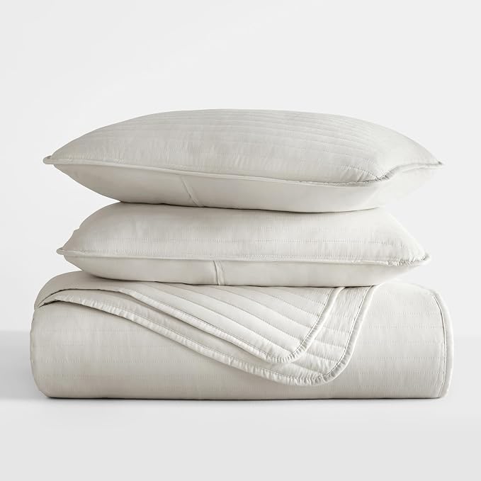 Merit Linens Modern Quilt Coverlet Soft Set in Stripe Stitching - King/Cal-King Natural