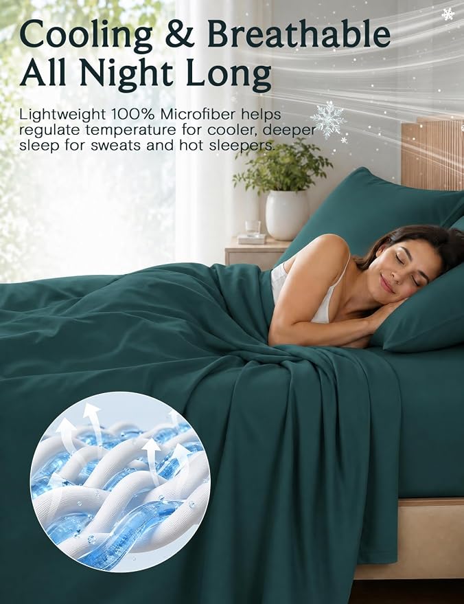 LuxClub California King Sheets Sets, Deep Pocket Cal King Sheet Bed Sheets 4PC, Cooling Sheet Cal King Size, Soft Breathable Hotel Bedding, Silky Fitted Sheet & Pillowcase Sets, Emerald Green | LuxClub Silky Fitted Sheet & Pillowcase Sets, Breathable H...