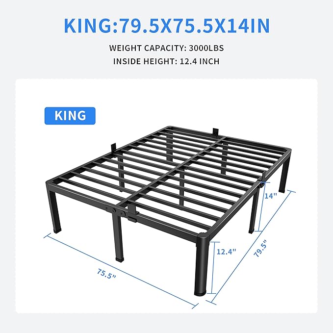 MAF 14 Inch King Metal Platform Bed Frame with Round Corner Legs | Mattress Baffle, 3000 LBS Heavy Duty Steel Slat Support, Noise Free, No Box Spring Needed, Easy Assembly, 12.4" Storage Space