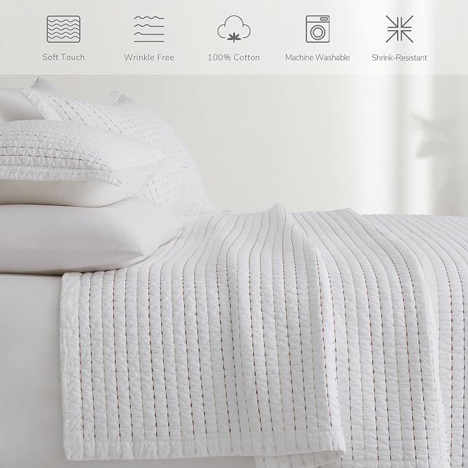 HORIMOTE HOME 100% Cotton Queen Size Quilt Set, White Pre-Washed Striped Channel Stitch Bedding Set, Cozy Lightweight Bedspreads Coverlet Set with 2 Shams for All Season, 3 Pieces