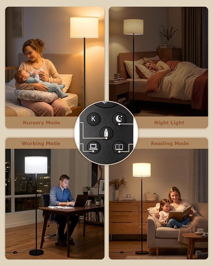 Ambimall Dimmable Floor Lamp with Remote, 9W 900LM LED Bulb Included | White Shade Black Pole, Lamps for Living Room Bedroom