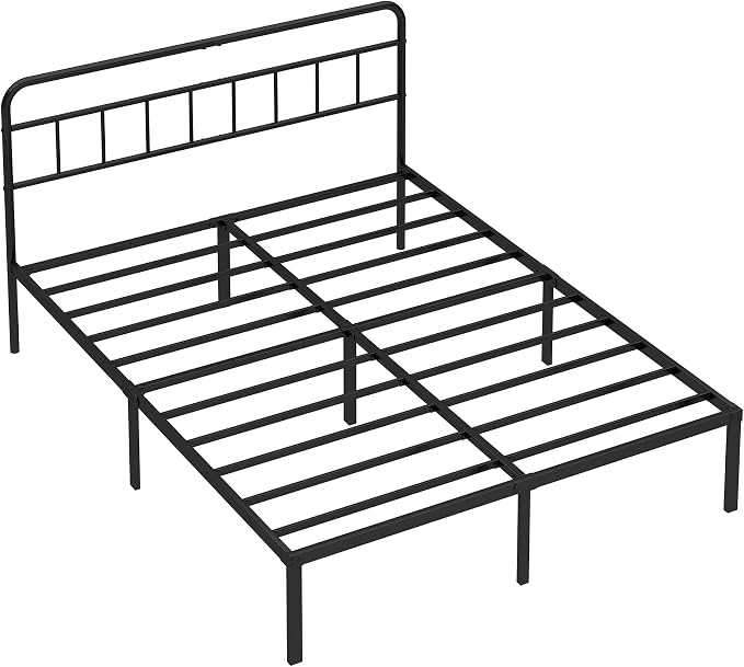 King Bed Frame with Classic Headboard, Black | Strong Metal Slats Support, Under Bed Storage Space, No Box Spring Needed, Easy to Assemble