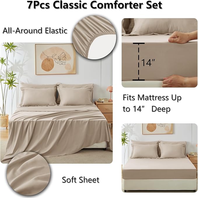 King Size Comforter Set Wheat - 7 Pieces Complete Bedding Set | OEKO-TEX Certified, All Season, 240GSM Down-Alternative Comforter, Sheets, Pillowcases & Shams, 14" Deep Pocket, Easy Care