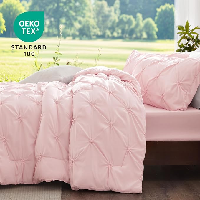 BEDELITE Full Comforter Set Baby Pink,Lightweight & Soft Comforter | Pintuck Boho Bedding, Warm & Cute Bed Set for All Season,With 2 Pillowcases