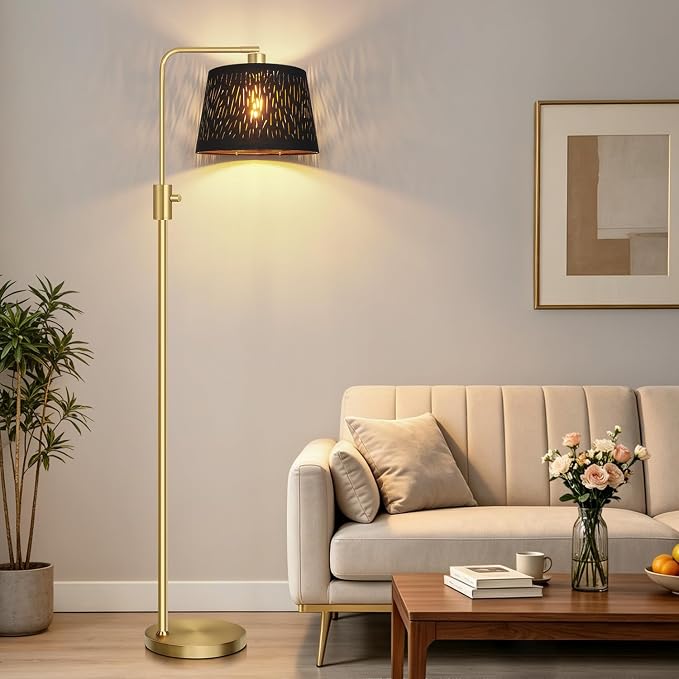 【Upgraded】 Dimmable Gold Floor Lamp, 1000 Lumens LED Edison Bulb Included, Arc Black Floor Lamps for Living Room Modern Standing Lamp with Black Grid Shade, Tall Lamps for Living Room Bedroom Office