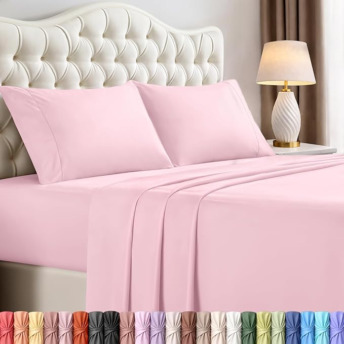 Cal King Sheets Set, 4 Pieces 16" Deep Pocket Bed Sheets, Crystal Pink | Extra Soft Bedsheet Set, Comfy & Breathable Cooling Sheets, Wrinkle & Fade Resistant, Fitted Sheet, Flat Sheet, 2 Pillowcases