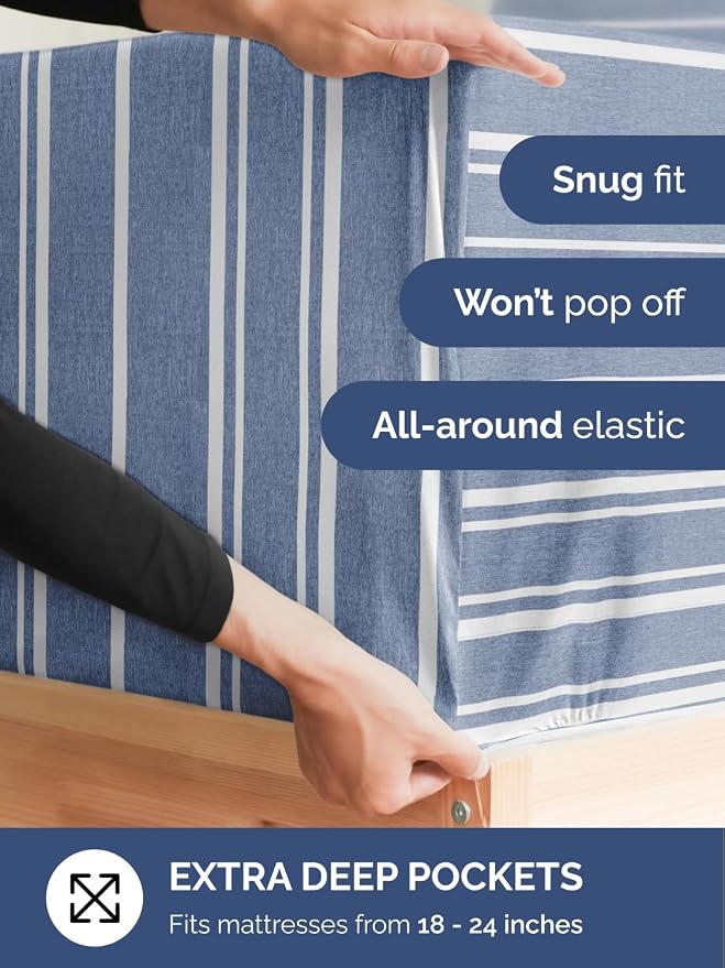Extra Deep King Fitted Sheet - Single Fitted Sheet Only - Blue Stripes | Easily Fits 18 inch to 24 inch Mattress, Soft, Wrinkle Free, Breathable & Comfy, Extra Deep Pockets Hotel Luxury Fitted Sheet