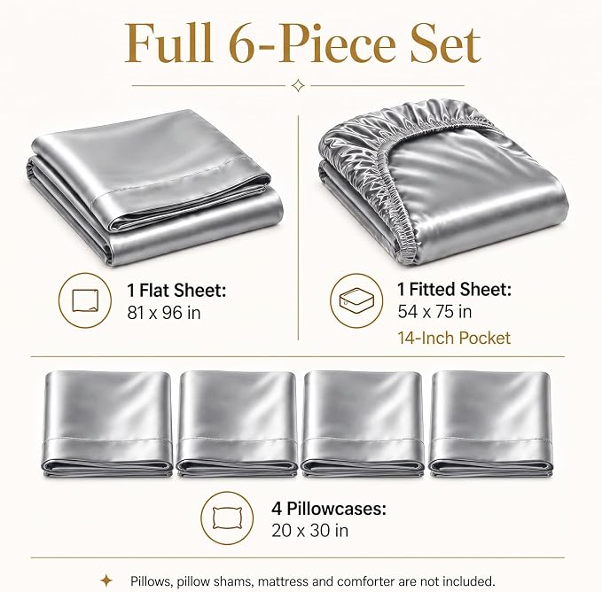 CozyLux Satin Sheets Full, 6-Piece 14-Inch Deep Pocket Sheet Set | OEKO-TEX Certified Silky Soft Sheet Set for Hair & Skin, Luxurious Silky-Smooth Satin for Elegant Bedroom Decor, Light Grey