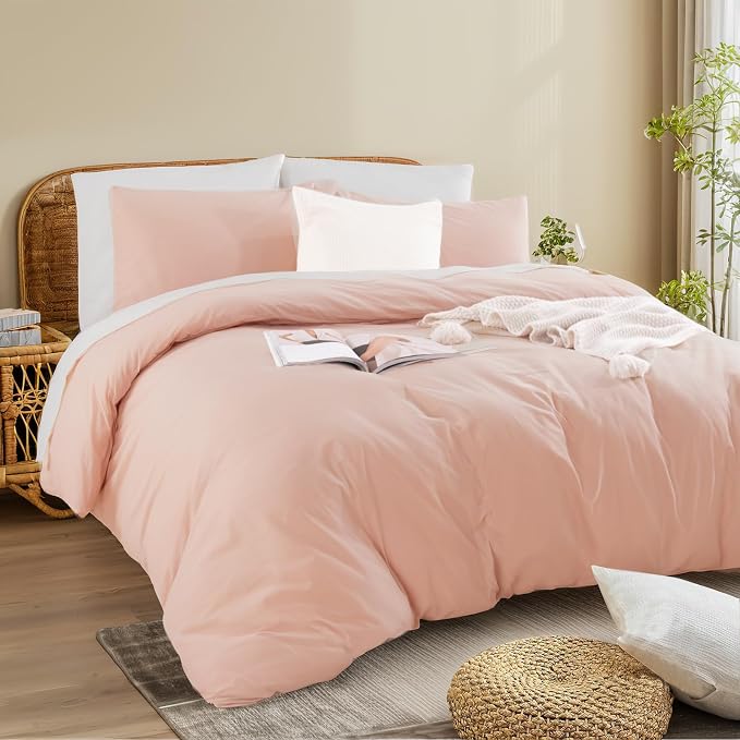 NEXHOME PRO Duvet Cover Set Twin Size Linen Feel Textured Organic Natural 100% Washed Cotton Duvet Cover 2 Pieces Bedding Set with Zipper Closure, Breathable, Dusty Pink(No Comforter)
