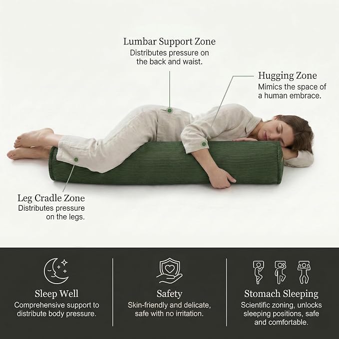 Cuddle Pillow – Corduroy Long Body Pillow for Adults, Cozy Bolster Pillow for Bed, Soft & Supportive for Relaxing Sleep,47 x 7.87 Inches,Avocado Green