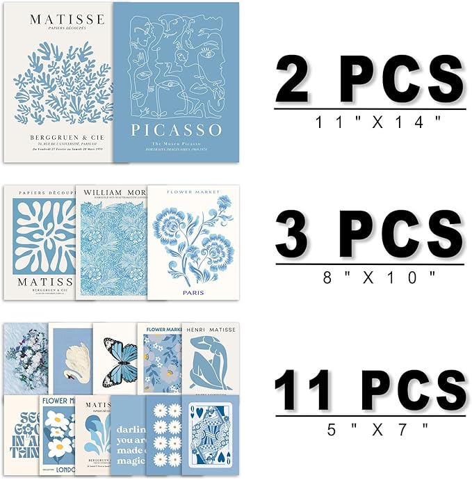 16 PCS Blue Wall Art Decor, Matisse Gallery Wall Prints for Bedroom, Light blue posters for Room Aesthetic, Collage Kit Pictures for Living Room, Teen Girls Dorm Home Artwork