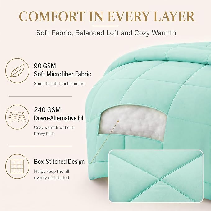 Full Size Comforter Sets Mint Green - 7 Pieces Bed in a Bag | OEKO-TEX Certified, All-Season, Bedroom, Guest Room, Down-Alternative Comforter + Flat & Fitted Sheets + 4 Pillowcases