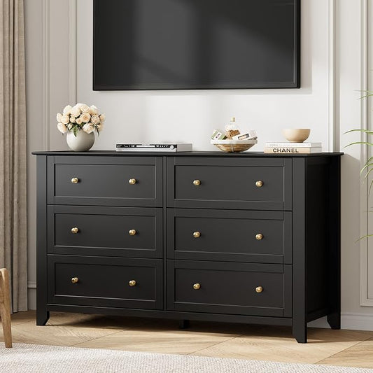 Garvee 6 Drawer Dresser for Bedroom, 54" Wide Modern Large Chest of Drawers with Metal Knobs, Wooden Clothes Storage Organizer for Closet, Nursery, Living Room, Apartment, Black | Lacquered Finish, Metal Knobs, Clothes Storage Organizer for Closet, Nur...