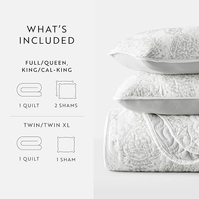 Merit Linens Soft Quilt Coverlet Bedding Set - Pattern/Solid Reversible - Full/Queen Light Gray