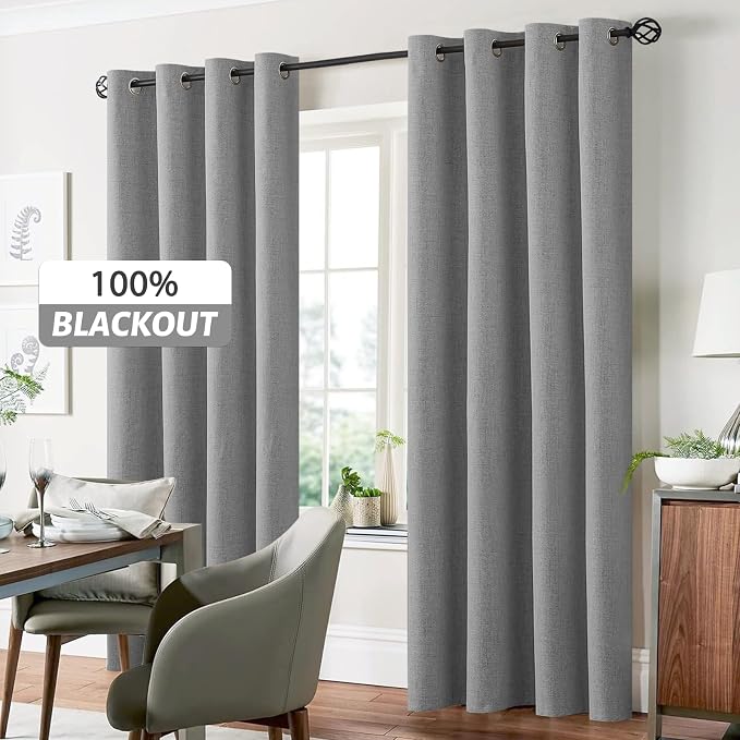 Yakamok Dove Grey Linen Textured Curtains 96 Inches Long for Living Room | 100% Blackout Curtains,Room Darkening Curtains,Thermal Grommet Bedroom Curtain 2 Panels with Greyish White Liner,52W x 96L