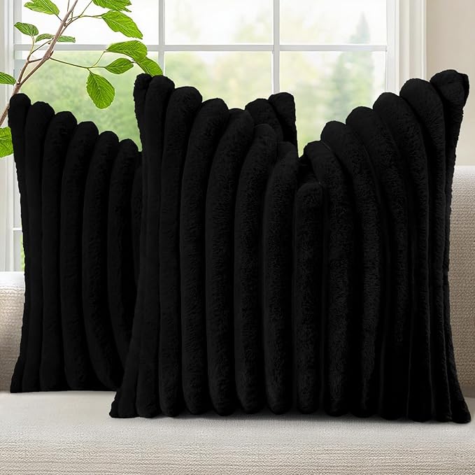 decorUhome Fall Faux Fur Throw Pillow Covers 18x18 Set of 2 Black | Decorative Soft Cozy Striped Plush Modern Farmhouse Boho Couch Pillow Cases Velvet Back for Sofa Bed Living Room Home Decor