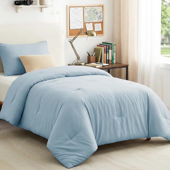 Twin Comforter Set, 2 Pieces Down Alternative Bedding, Light Blue | 270 GSM Twin XL College Dorm Comforter with 4 Corner Ties Use as a Duvet Insert, OEKO-TEX Certified, 1 Pillowcase, 68 x 88 in