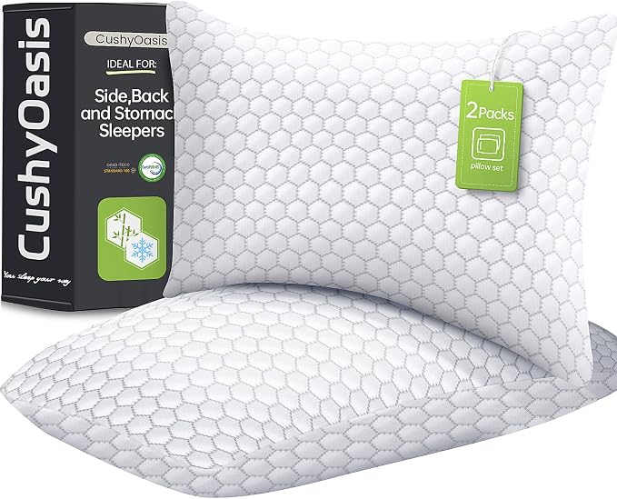 CushyOasis Cooling Pillow for Sleeping, Pillows Standard Size Set of 2,Gray | CertiPUR-US Shredded Memory Foam Pillows, Cool Bed Pillow for Hot Sleepers, Adjustable Firm for Side, Back, Stomach Sleepers