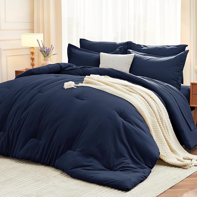 7 Pieces California King Comforter Set, Soft Bed in a Bag Cal King Size, All Season Bedding Set with Comforter, Flat Sheet, Fitted Sheet, Pillowcases & Shams, Navy Blue