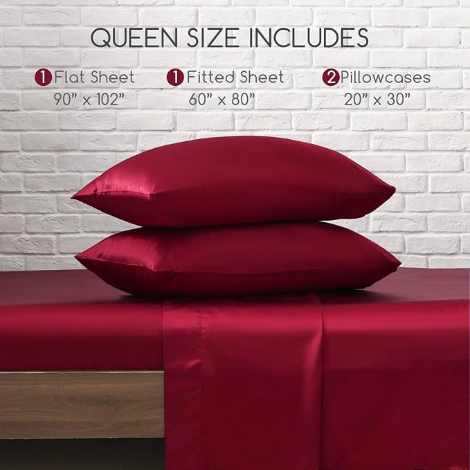 MR&HM Satin Sheets Queen Size with Elastic Corner Straps, Burgundy | Similar to Silk, 4-Piece Silky Soft Bed Sheet Set, Gentle on Skin and Hair, 15" Deep Pocket, Cooling & Breathable