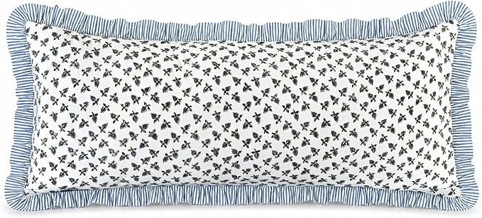 Ridhi Block Print Baby Blossams Ruffle Lumbar Pillow Shams, 36" x 14" Set-1 | 100% cotton, Floral Pillowcase, Cushion Cover, Hidden Zipper, Cottagecore Bedding, farmhouse boho style, fits couch, sofa,Bed